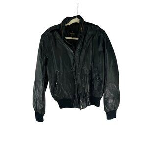 Rossano Collection Black Leather Bomber Jacket Ribbed Hems Zip Mens Sz 40 Grunge